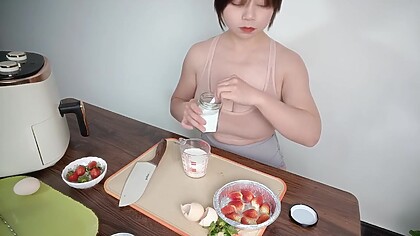 Sexy Busty Beauty Her Cooking Skills Making Snacks – Straw Berry